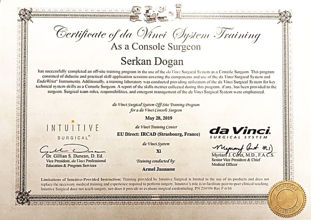 da Vinci Sistem Cerrahi Konsol Belgesi